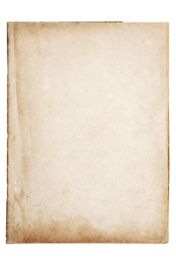 Beyaz izole arkaplanda lekeleri olan çok eski bir Kraft kahverengi kağıt.