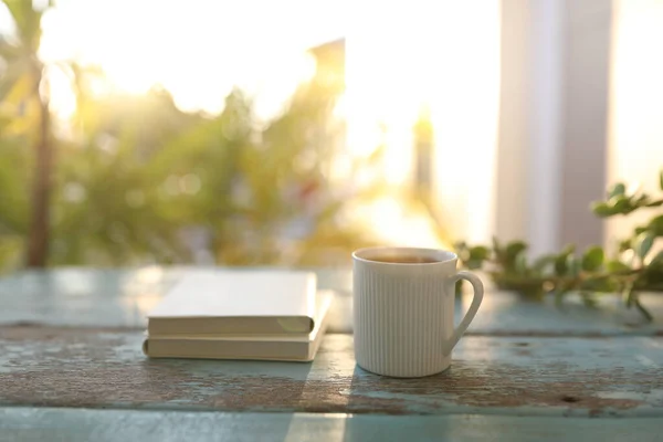 Coffee Mug Notebook Weathered Blue Wooden Table — Fotografia de Stock