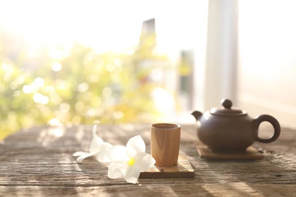 Wooden Tea Cup Tea Pot — Fotografia de Stock