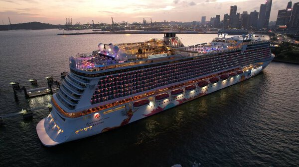 Marina Bay, Singapore - July 17, 2022: The Marina Bay Cruise Centre Terminal where Luxury Cruise Ships are Docking
