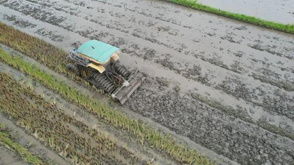 Tractors Ploughing Paddy Rice Fields Kedah Μαλαισία — Φωτογραφία Αρχείου