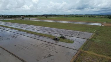 Malezya, Kedah 'daki Paddy Rice Tarlalarını tarayan traktörler