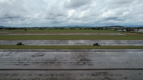 Tractores Arando Los Campos Arroz Con Arroz Kedah Malasia — Vídeo de stock