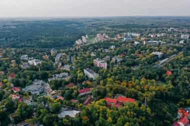 Svetlogorsk şehrinin panoramik hava manzarası, Kaliningrad bölgesi, yeşil ağaçlar, konut binaları