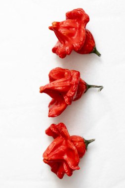 Beyaz arka planda kurutulmuş kırmızı Vezir biberi, parlak turbiber meyveleri, kırmızı biber, üst manzara.