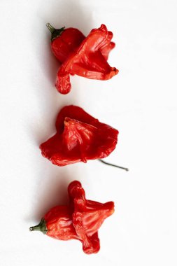 Beyaz arka planda kurutulmuş kırmızı Vezir biberi, parlak turbiber meyveleri, kırmızı biber, üst manzara.