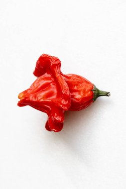 Beyaz arka planda kurutulmuş kırmızı Vezir biberi, parlak turbiber meyveleri, kırmızı biber, üst manzara.