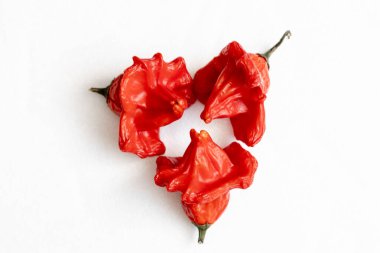 Beyaz arka planda kurutulmuş kırmızı Vezir biberi, parlak turbiber meyveleri, kırmızı biber, üst manzara.