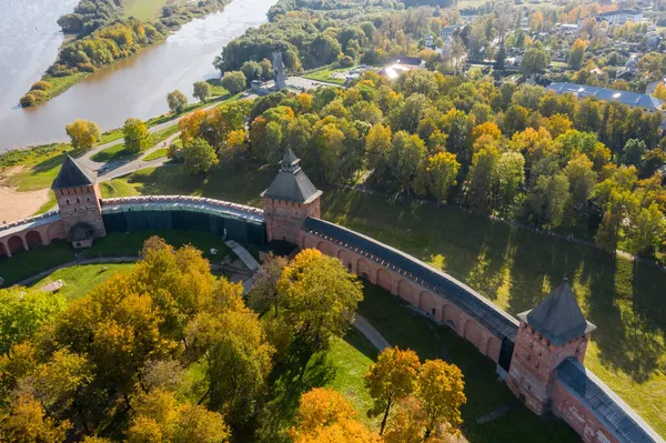 Vista Aerea Panoramica Del Cremlino Veliky Novgorod Autunno Dorato Città — Foto Stock