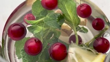 Doğal yaban mersini, limon ve nane ürünlerinden yapılan sıcak ev yapımı içecek. Soğuk algınlığı ve öksürük tedavisi için. Bardakta tıbbi su. Temiz beslenme kavramı, sağlık..