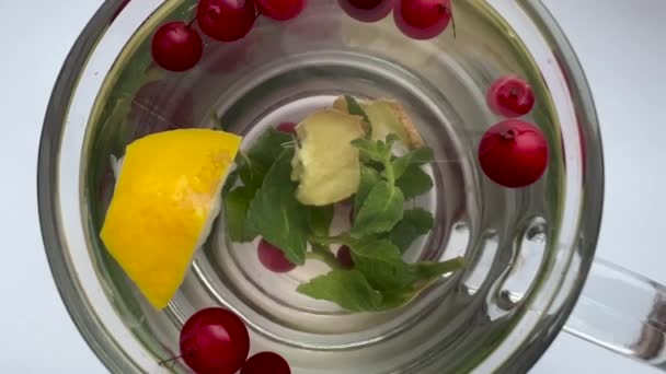 Hete zelfgemaakte drank gemaakt van natuurlijke cranberry, citroen en munt producten. Voor de behandeling van verkoudheid en hoest. Medicinale water in een glas.Het concept van schone voeding, gezondheid. — Stockvideo