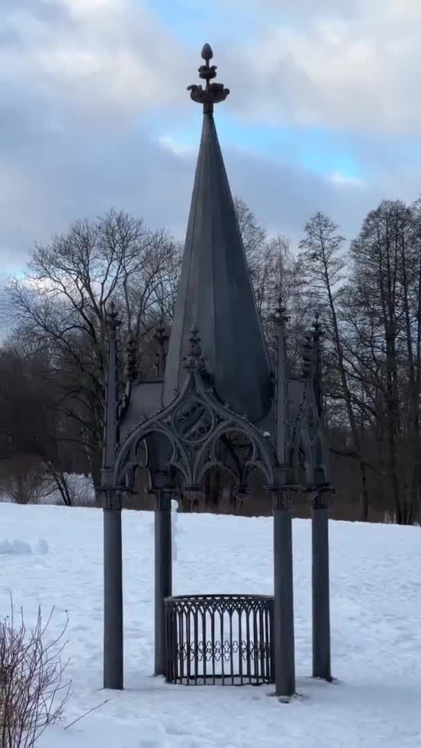 Ferro fundido gótico bem em um parque paisagístico, paisagem de inverno, detalhes de close-up — Vídeo de Stock