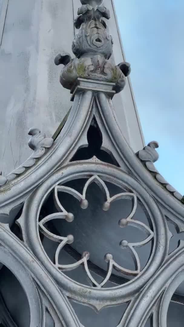 Pozo de hierro fundido gótico en un parque paisajístico, paisaje invernal, detalles de primer plano — Vídeo de stock