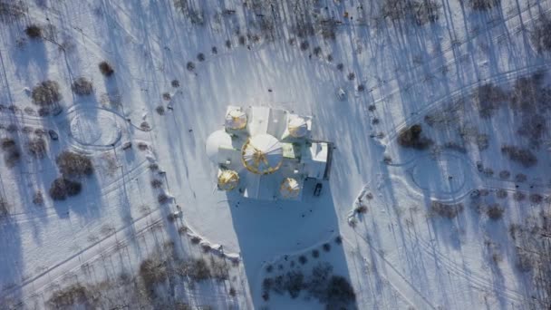 Vista aérea da Catedral de Catherines em Tsarskoye Selo na cidade de Pushkin em um dia de inverno. Praça da Catedral. Os raios do sol rompem as cúpulas douradas — Vídeo de Stock