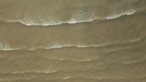 Vue aérienne de haut en bas, les vagues de la mer Baltique roulent doucement sur un magnifique rivage sablonneux avec sable blanc, vent fort, ondulations d'eau, eaux peu profondes. — Video
