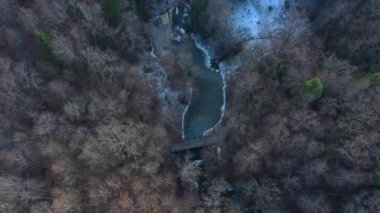 İlkbaharda karışık bir ormanın ağaç tepelerinin havadan görünüşü, donmuş bir kahverengi akarsu, tarla kuşları ve yapraksız çıplak ağaçlar, yerde kar kalıntıları.