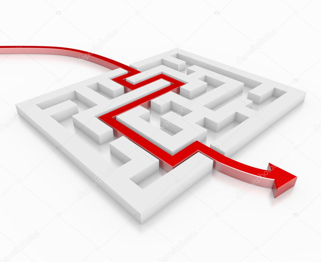 Red 3d arrow leads through a maze