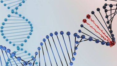 3 boyutlu DNA Kromozom Sanatı. Kırık DNA parçalı mavi sarmal.