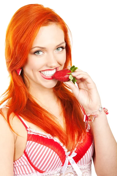 Donna con fragola — Foto Stock