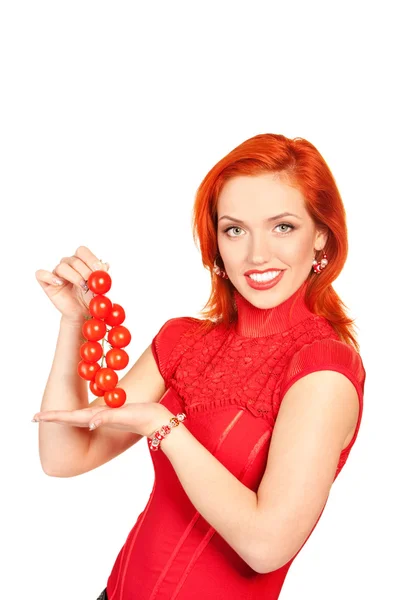 Woman with cherry tomatoes — Stock Photo, Image