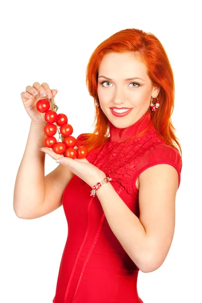 Žena s cherry rajčaty — Stock fotografie