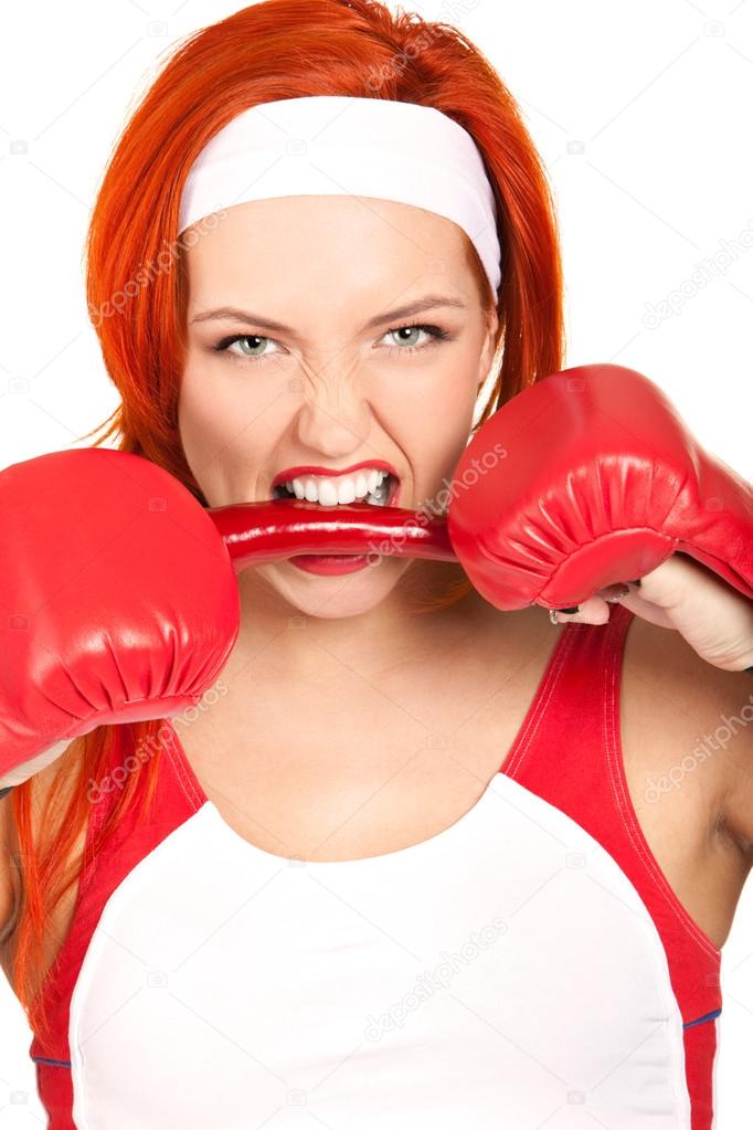 female boxer with chili pepper