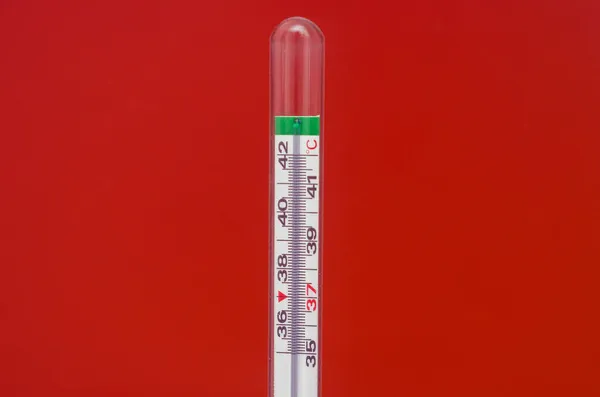 Skleněný Rtuťový Teploměr Červeném Pozadí Léky Zdraví — Stock fotografie