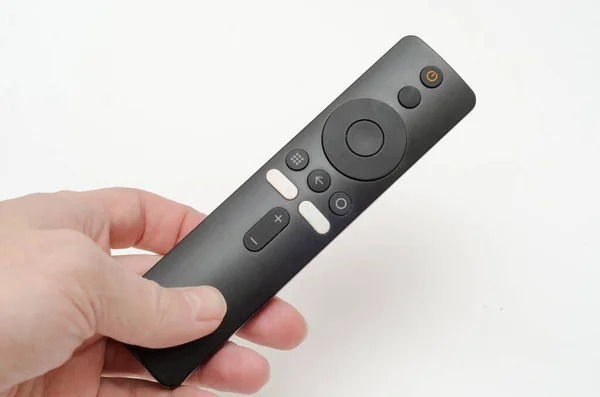 Black Remote Control Box White Background Hand — Stock Photo, Image