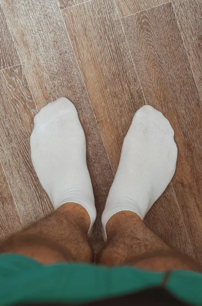 Hairy Male Legs Floor Short White Socks — Stock Photo, Image