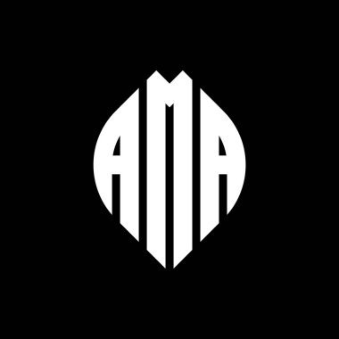 Çember ve elips şekilli AMA daire harf logosu tasarımı. Tipografik şekilli AMA elips harfleri. Üç baş harf daire şeklinde bir logo oluşturuyor. AMA Çember Amblemi Soyut Monogram Harf İşaretleme Vektörü.