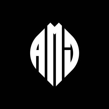 Çember ve elips şekilli AMJ daire harf logosu tasarımı. Tipografik tarzda AMJ elips harfleri. Üç baş harf daire şeklinde bir logo oluşturuyor. AMJ Çember Amblemi Soyut Monogram Harf İşaretleme Vektörü.