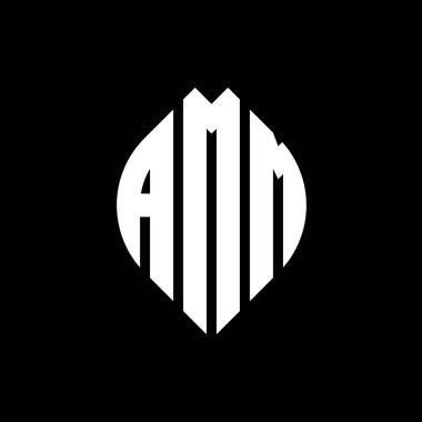 Çember ve elips şekilli AMM daire harf logosu tasarımı. Tipografik şekilli AMM elips harfleri. Üç baş harf daire şeklinde bir logo oluşturuyor. AMM Çemberi Amblemi Soyut Monogram Harf İşaretleyici Vektörü.