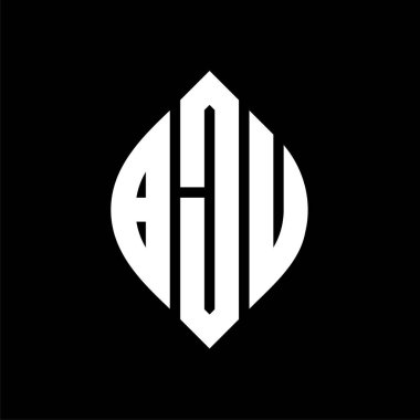 Çember ve elips şekilli BJU daire harf logosu tasarımı. Tipografik biçimli BJU elips harfleri. Üç baş harf daire şeklinde bir logo oluşturuyor. BJU Çember Amblemi Soyut Monogram Harf İşaretleyici Vektörü.