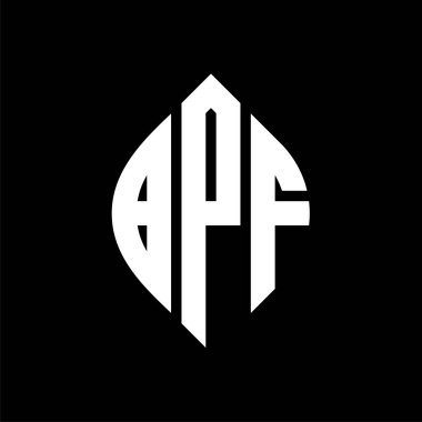 Çember ve elips şekilli BPF daire harf logosu tasarımı. Tipografik biçimli BPF elips harfleri. Üç baş harf daire şeklinde bir logo oluşturuyor. BPF Çember Amblemi Soyut Monogram Harf İşaretleyici Vektörü.