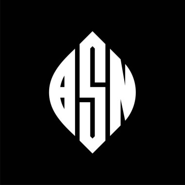 Çember ve elips şekilli BSN daire harf logosu tasarımı. Tipografik biçimli BSN elips harfleri. Üç baş harf daire şeklinde bir logo oluşturuyor. BSN Çember Amblemi Soyut Monogram Harf İşaretleyici Vektörü.