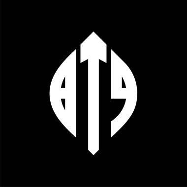 Daire ve elips şekilli BTQ daire harf logosu tasarımı. Tipografik tarzda BTQ elips harfleri. Üç baş harf daire şeklinde bir logo oluşturuyor. BTQ Çemberi Amblemi Soyut Monogram Harf İşaretleyici Vektörü.