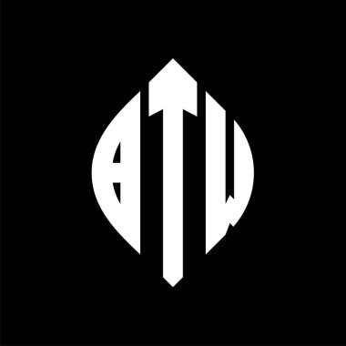 Çember ve elips şekilli BTW daire harf logosu tasarımı. Tipografik biçimli elips harfler. Üç baş harf daire şeklinde bir logo oluşturuyor. BTW Çember Amblemi Soyut Monogram Harf İşaretleyici Vektörü.