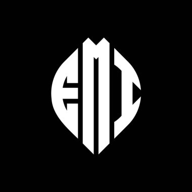 Çember ve elips şekilli EMI daire harf logosu tasarımı. Daktilo tarzında EMI elips mektupları. Üç baş harf daire şeklinde bir logo oluşturuyor. EMI Çemberi Amblemi Soyut Monogram Harf İşaretleme Vektörü.