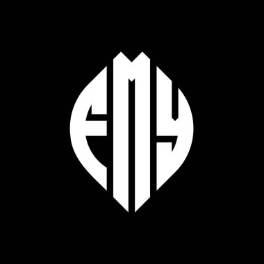 Çember ve elips şekilli FMY yuvarlak harf logosu tasarımı. FMY elips harfleri tipografik tarzda. Üç baş harf daire şeklinde bir logo oluşturuyor. FMY Çemberi Amblemi Soyut Monogram Harf İşaretleme Vektörü.