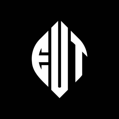 EUT daire harf logosu dizaynı daire ve elips şeklinde. EUT elips harfleri tipografik tarzda. Üç baş harf daire şeklinde bir logo oluşturuyor. EUT Çemberi Amblemi Soyut Monogram Harf İşaretleyici Vektörü.