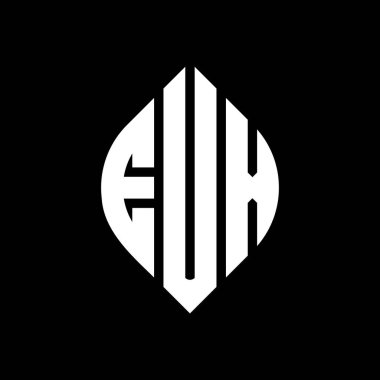 EUX daire harf logosu dizaynı daire ve elips şeklinde. EUX elips harfleri tipografik tarzda. Üç baş harf daire şeklinde bir logo oluşturuyor. EUX Çember Amblemi Soyut Monogram Harf İşaretleme Vektörü.
