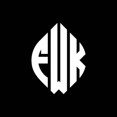 Çember ve elips şekilli FWK daire harf logosu tasarımı. Tipografik biçimli FWK elips harfleri. Üç baş harf daire şeklinde bir logo oluşturuyor. FWK Çember Amblemi Soyut Monogram Harf İşaretleyici Vektörü.