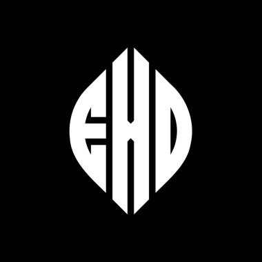 Çember ve elips şekilli EXO daire harf logosu tasarımı. Baskı biçiminde EXO elips harfleri. Üç baş harf daire şeklinde bir logo oluşturuyor. EXO Çember Amblemi Soyut Monogram Harf İşaretleme Vektörü.