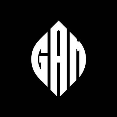 Çember ve elips şekilli GAM daire harf logosu tasarımı. Tipografik biçimli GAM elips harfleri. Üç baş harf daire şeklinde bir logo oluşturuyor. GAM Çemberi Amblemi Soyut Monogram Harf İşaretleme Vektörü.