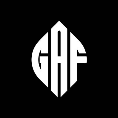 Çember ve elips şekilli GAF daire harf logosu tasarımı. Tipografik biçimli GAF elips harfleri. Üç baş harf daire şeklinde bir logo oluşturuyor. GAF Çember Amblemi Soyut Monogram Harf İşaretleyici Vektörü.