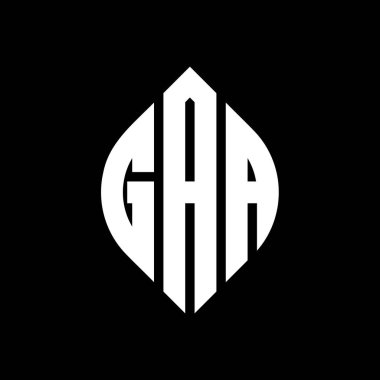 Çember ve elips şekilli GAA yuvarlak harf logosu tasarımı. Tipografik biçimli GAA elips harfleri. Üç baş harf daire şeklinde bir logo oluşturuyor. GAA Çember Amblemi Soyut Monogram Harf İşaretleme Vektörü.