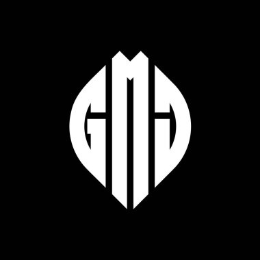Çember ve elips şekilli GMJ daire harf logosu tasarımı. Tipografik biçimli GMJ elips harfleri. Üç baş harf daire şeklinde bir logo oluşturuyor. GMJ Çember Amblemi Soyut Monogram Harf İşaretleyici Vektörü.