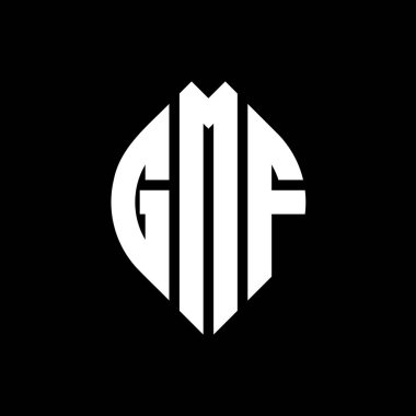 Çember ve elips şekilli GMF daire harf logosu tasarımı. Tipografik biçimli GMF elips harfleri. Üç baş harf daire şeklinde bir logo oluşturuyor. GMF Çember Amblemi Soyut Monogram Harf İşaretleyici Vektörü.