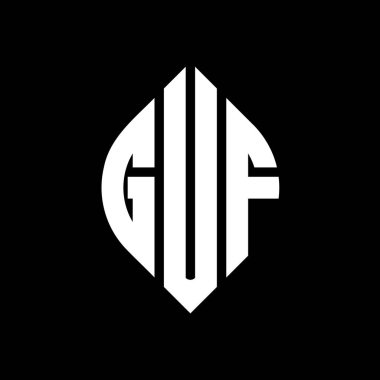 Çember ve elips şekilli GUF daire harf logosu tasarımı. Tipografik biçimli GUF elips harfleri. Üç baş harf daire şeklinde bir logo oluşturuyor. GUF Çember Amblemi Soyut Monogram Harf İşaretleyici Vektörü.