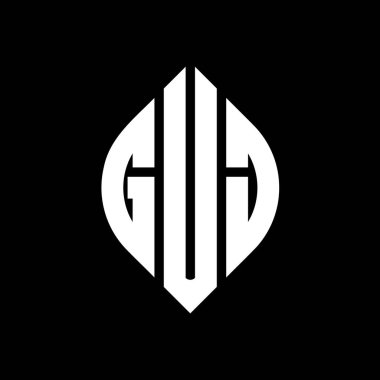 Çember ve elips şekilli GUJ daire harf logosu tasarımı. Tipografik biçimli GUJ elips harfleri. Üç baş harf daire şeklinde bir logo oluşturuyor. GUJ Çember Amblemi Soyut Monogram Harf İşaretleyici Vektörü.